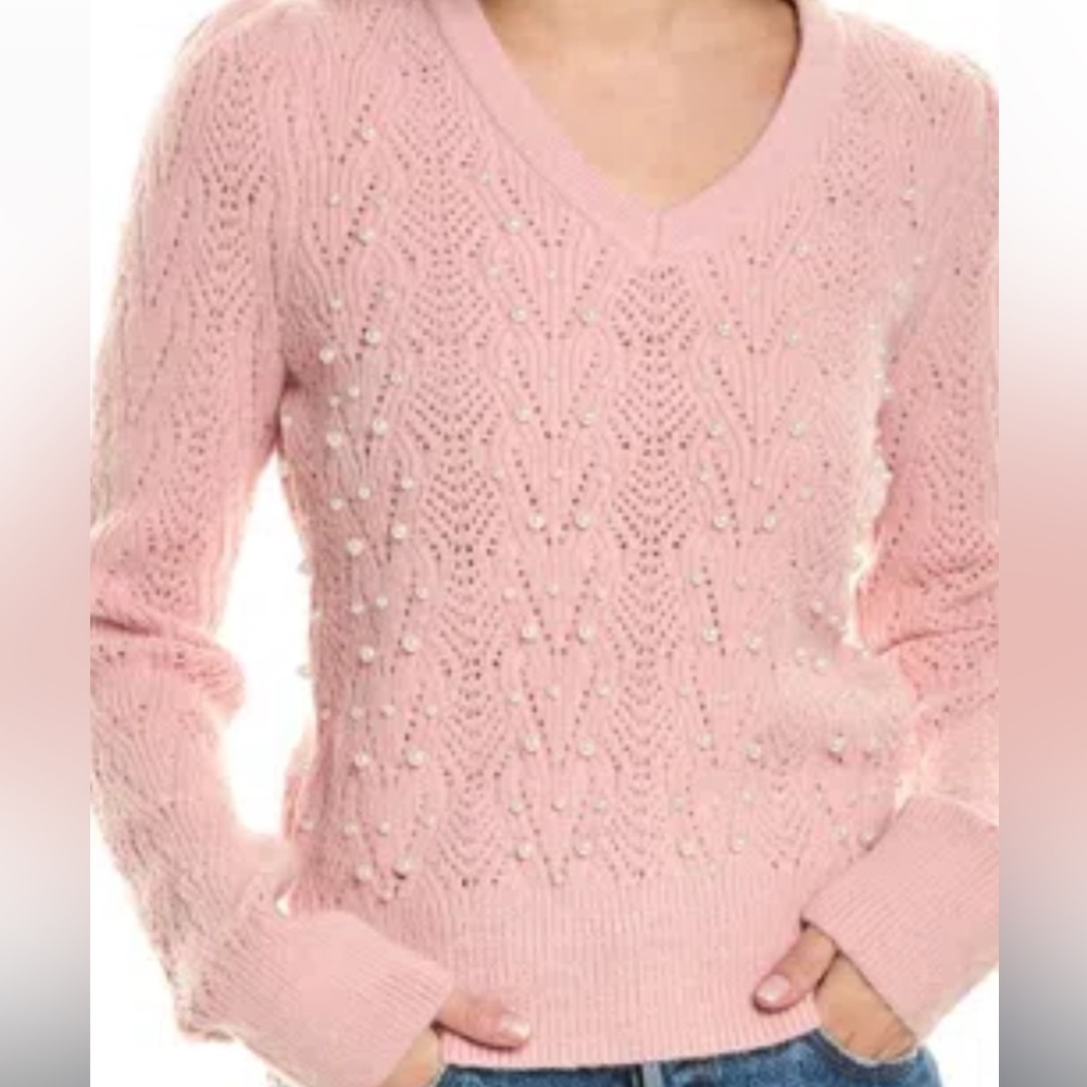 NWT Nanette Lepore Pink V-Neck Sweater Pearl Accents L